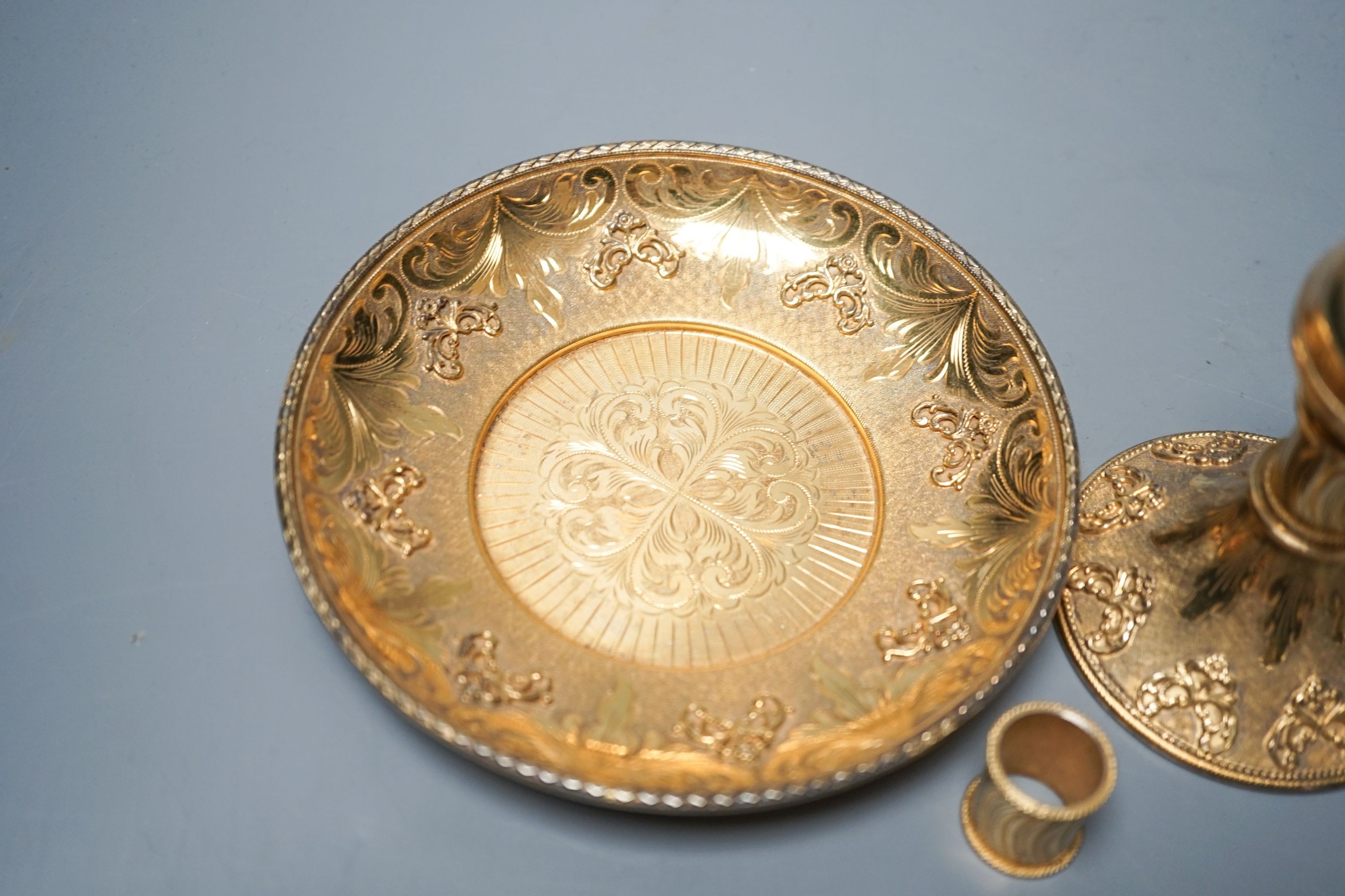 An ornate 20th century continental gilt white metal censer, stamped 925 (part of central stem missing).
